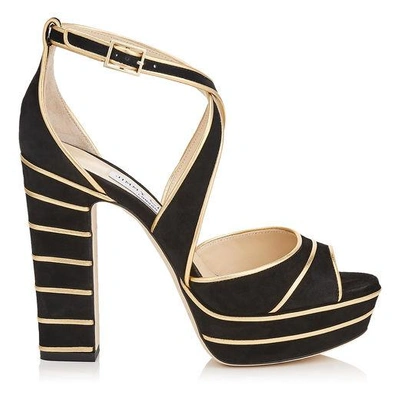 Shop Jimmy Choo April 120 Black Suede Platform Sandals With Gold Metallic Nappa Leather Piping In Black/gold