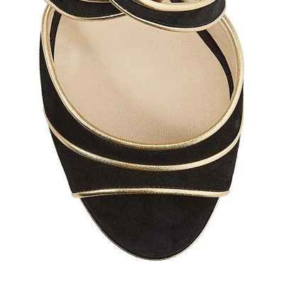 Shop Jimmy Choo April 120 Black Suede Platform Sandals With Gold Metallic Nappa Leather Piping In Black/gold