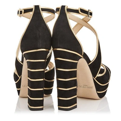 Shop Jimmy Choo April 120 Black Suede Platform Sandals With Gold Metallic Nappa Leather Piping In Black/gold