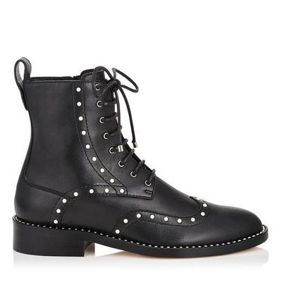 Shop Jimmy Choo Hanah Flat Black Smooth Leather Boots With Pearl Detailing In Black/white