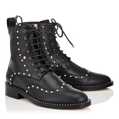 Shop Jimmy Choo Hanah Flat Black Smooth Leather Boots With Pearl Detailing In Black/white