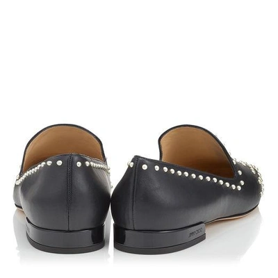 Shop Jimmy Choo Jaida Flat Black Leather Square Toe Slippers With Pearl Detailing In Black/white