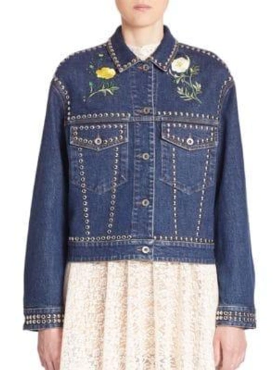 Shop Stella Mccartney Studded Embroidered Denim Jacket In Endless Blue
