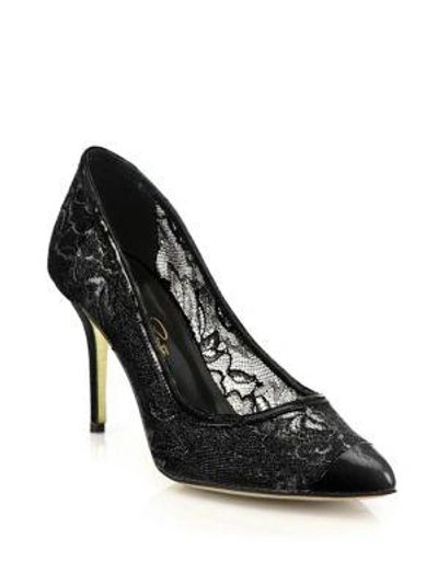 Shop Oscar De La Renta Willow Lace Cap-toe Pumps In Black