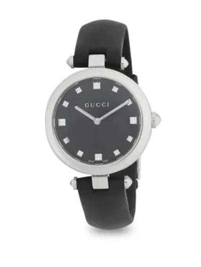 Shop Gucci Diamantissima Leather Strap Watch In Black