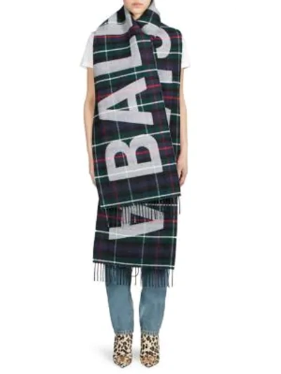 Shop Balenciaga Wool Flannel Plaid Logo Scarf In Multi