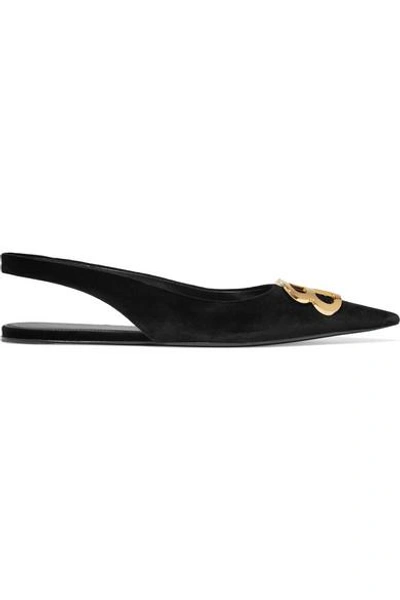 Shop Balenciaga Knife Logo-embellished Velvet Point-toe Flats In Black
