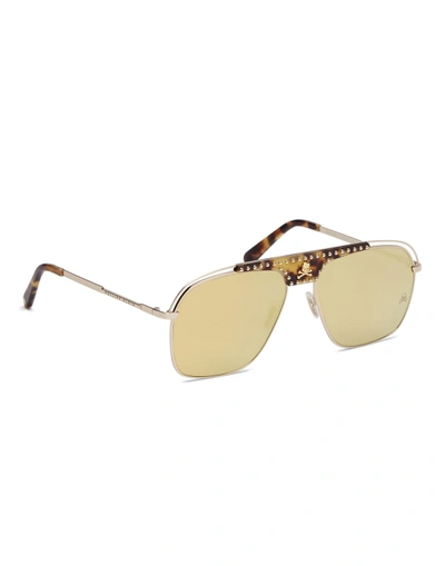 Shop Philipp Plein Sunglasses Noah Studded In Gold/gold/mirror/no Glv