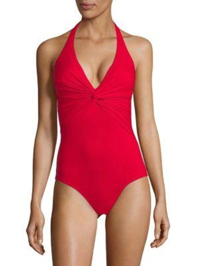 Shop Melissa Odabash One-piece Gathered Halter Swimsuit In Red