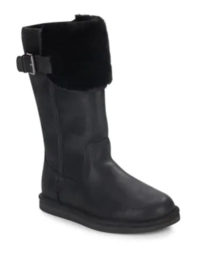 Shop Ugg Wilowe Leather Sheepskin Cuff Boots In Black
