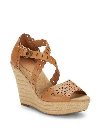 Shop Aerin Laila Perforated-calfskin Wedge Sandals In Caramel