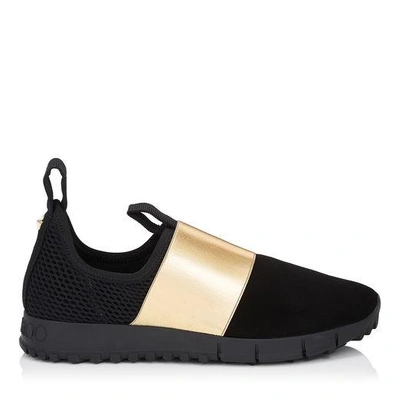 Shop Jimmy Choo Oakland/f Black Suede And Mesh With Gold Metallic Elastic Sock-like Trainers In Black/gold