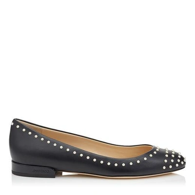 Shop Jimmy Choo Jessie Flat Black Leather Round Toe Pumps With Pearl Detailing In Black/white