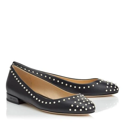 Shop Jimmy Choo Jessie Flat Black Leather Round Toe Pumps With Pearl Detailing In Black/white