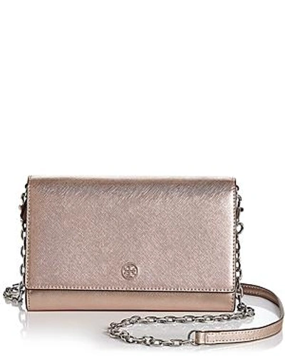 Shop Tory Burch Robinson Leather Chain Wallet In Light Rose Gold/silver