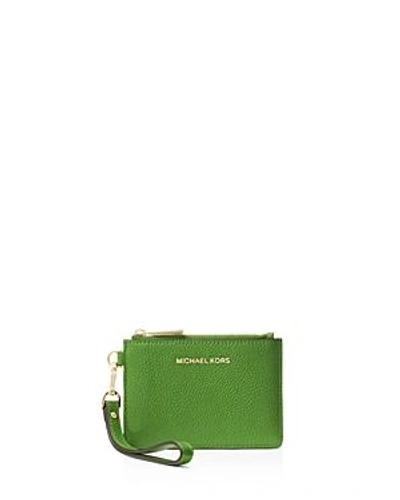 Shop Michael Michael Kors Small Leather Wristlet In True Green/gold
