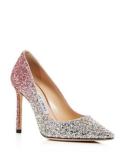 Shop Jimmy Choo Women's Romy 100 Ombré Glitter Pointed Toe Pumps In Platinum/flamingo