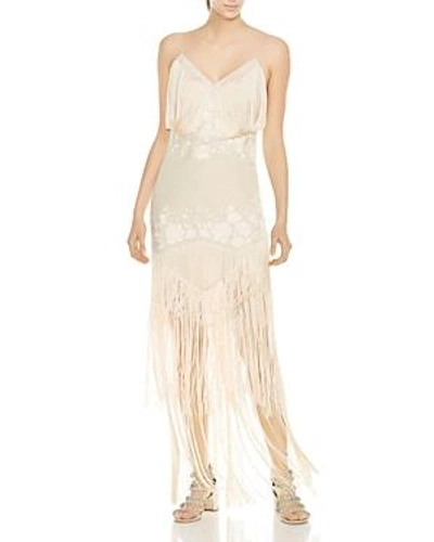 Shop Haute Hippie Grandeur Fringed Embroidered Gown In Buff