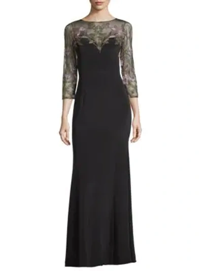 Shop Marchesa Notte Floral Embroidered Evening Gown In Black