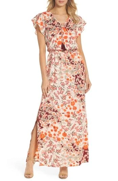 Shop Adrianna Papell Floral Ruffle Sleeve Maxi Dress In Geranium Multi