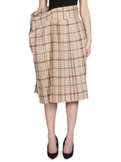 Shop Balenciaga Pleated Plaid A-line Skirt In Beige