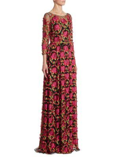 Shop Marchesa Notte Embroidered A-line Gown In Fuchsia