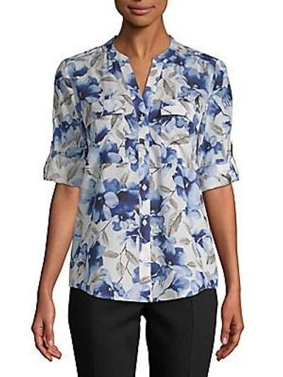 Shop Calvin Klein Floral-print Button-down Shirt In Blue