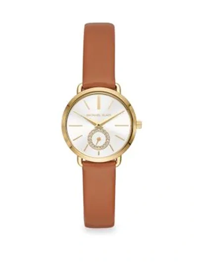 Shop Michael Kors Portia Goldtone And Leather Strap Watch In Brown