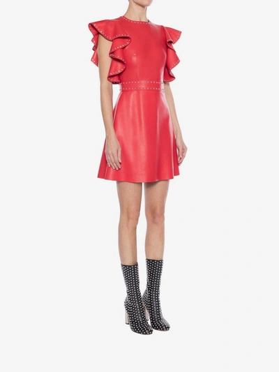 Shop Alexander Mcqueen Leather Ruffle Mini Dress In Crimson