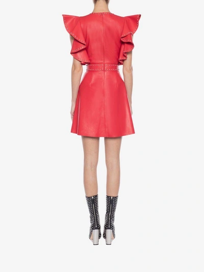 Shop Alexander Mcqueen Leather Ruffle Mini Dress In Crimson