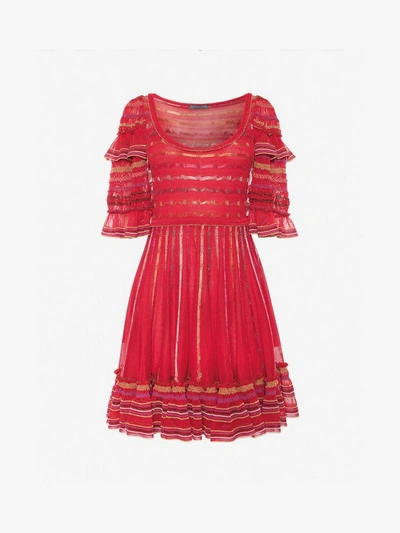 Shop Alexander Mcqueen Sheer Knit Mini Dress In Red/multicolor