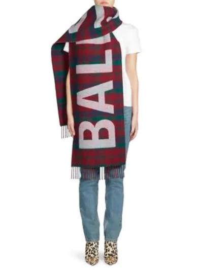 Shop Balenciaga Plaid Wool Logo Scarf In Bordeaux