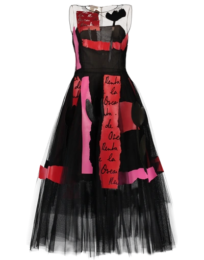 Shop Oscar De La Renta Embroidered Tulle Logo Dress In Blk-red