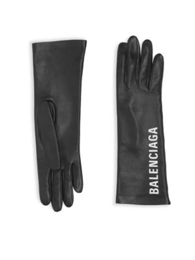 Shop Balenciaga Leather Logo Gloves In Noir