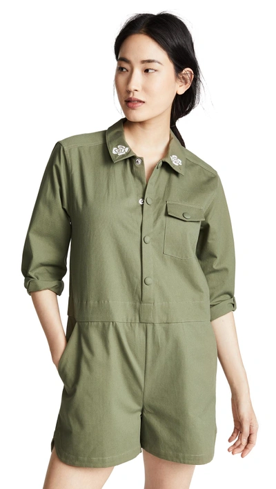 Shop Laveer Rose Collar Romper In Army Green