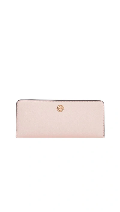 Shop Tory Burch Robinson Slim Wallet In Pale Apricot/royal Navy