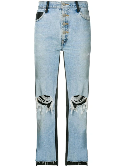 Shop Amiri Leather Panelled Dropped Jeans