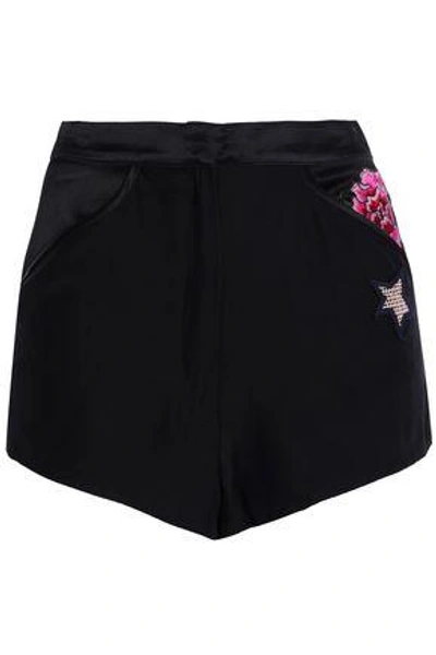 Shop Fleur Du Mal Woman Appliquéd Silk-satin Pajama Shorts Black