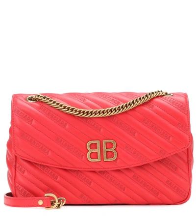 Shop Balenciaga Bb Round M Leather Shoulder Bag In Red