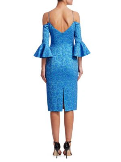 Shop Theia Cold-shoulder Jacquard Dress In Azure