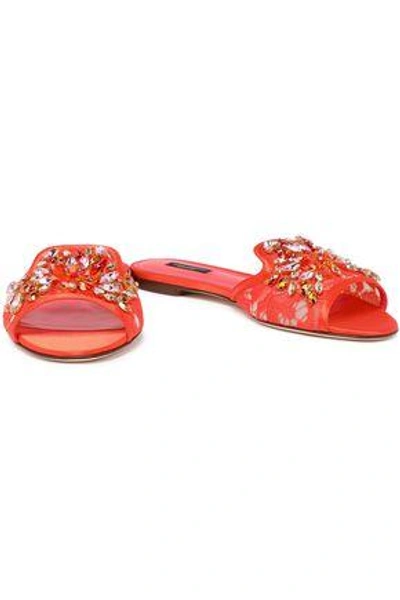 Shop Dolce & Gabbana Woman Crystal-embellished Corded Lace Slides Papaya