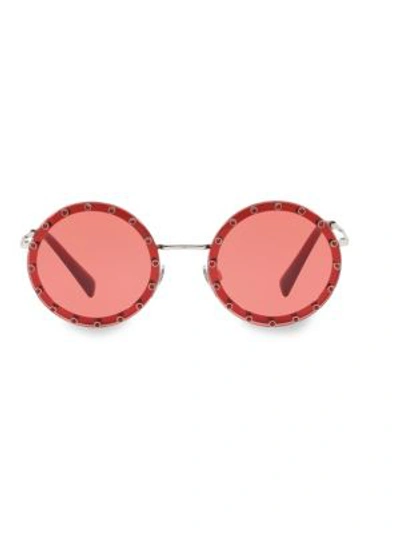Shop Valentino 52mm Crystal-trim Round Sunglasses In Silver Red