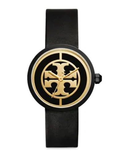 Shop Tory Burch Reva Goldtone Stainless Steel & Leather Strap Watch In Black Yellow Gold