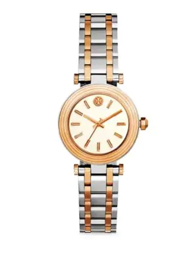 Shop Tory Burch The Classic T Two-tone Stainless Steel Bracelet Watch In Silver Yellow Gold