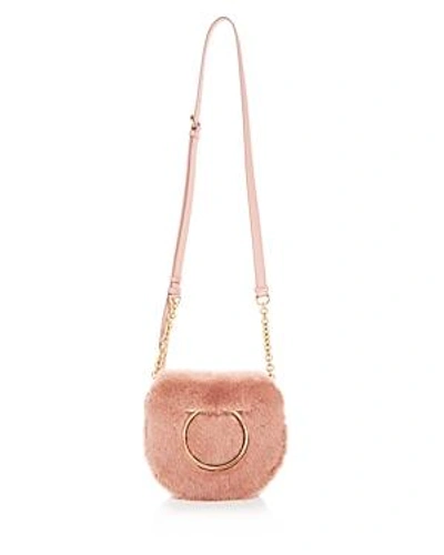 Shop Ferragamo Medium Vela Mink & Calfskin Crossbody In Antique Rose Pink/gold