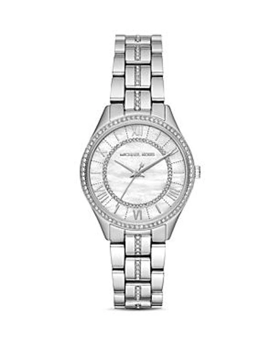 Shop Michael Kors Mini Lauryn Pave Watch, 33mm X 39mm In Mother Of Pearl/silver