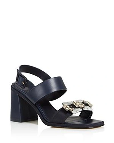 Shop Tory Burch Women's Delaney Embellished Leather Block Heel Sandals In Perfect Navy