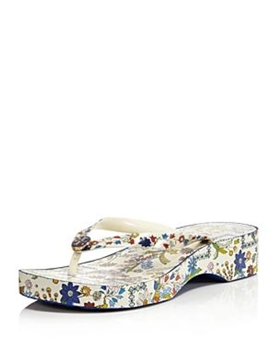 Shop Tory Burch Women's Printed Cut-out Wedge Thong Sandals In Ivory Meadow Folly
