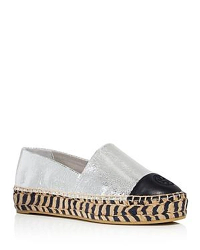 Shop Tory Burch Women's Leather Color-block Platform Espadrilles In Silver/perfect Navy
