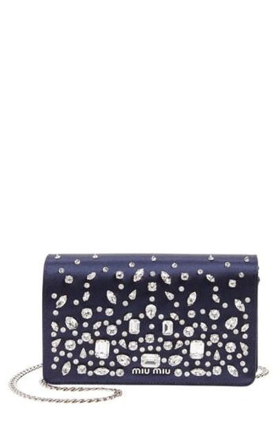 Shop Miu Miu Swarovski Crystal Embellished Shoulder Bag - Blue In Baltico